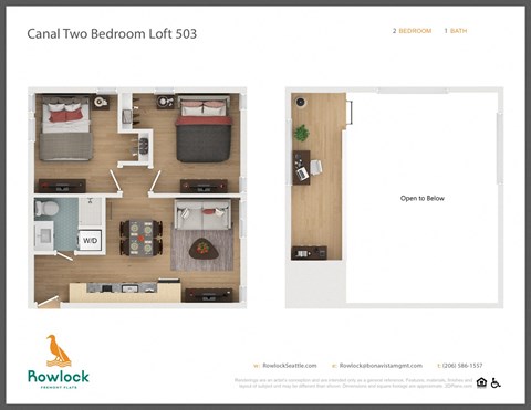 Floor plan for 2 beds, 1 bath, 684 sqft